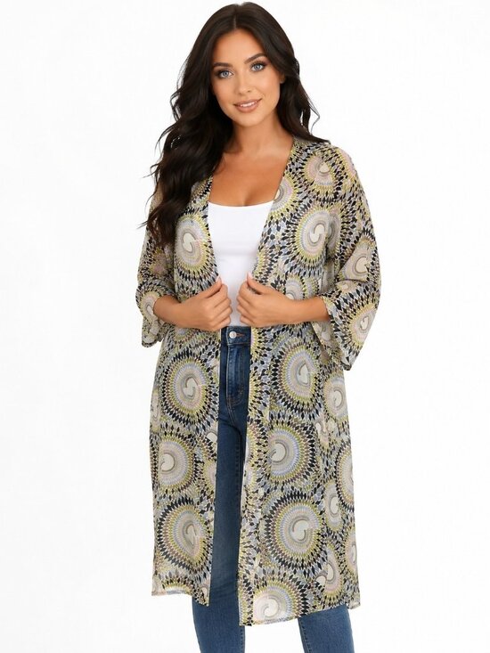 For Di Vie Tops - For de Vie 2X Sheer Open Front Duster Cardigan Geometric Spiral Print Boho